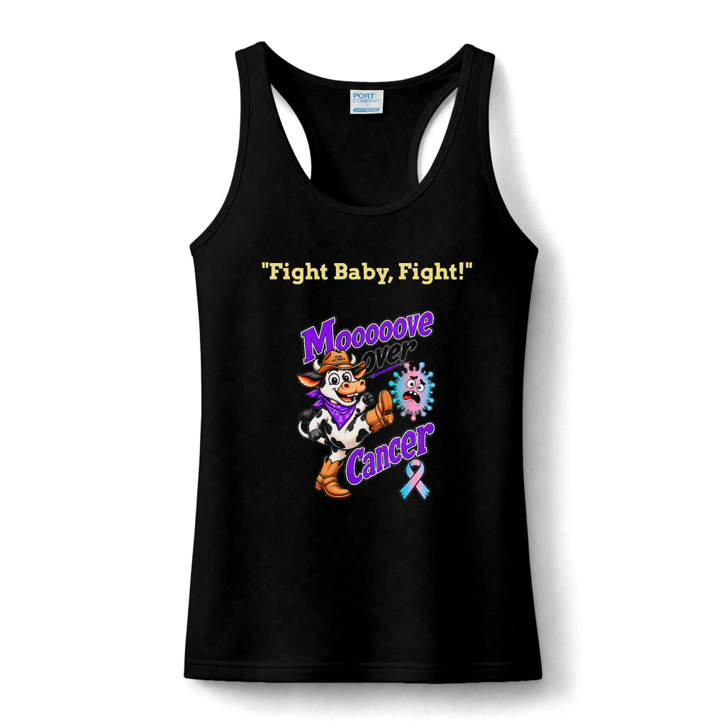 Moooove Over Cancer black women's tank top with Fight Baby Fight slogan and Thyroid Cancer awareness ribbon