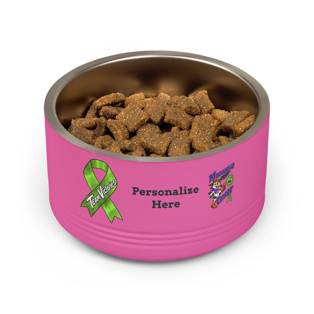 Pink Mooove Over Cancer pet bowl filled with food and awareness ribbon design
