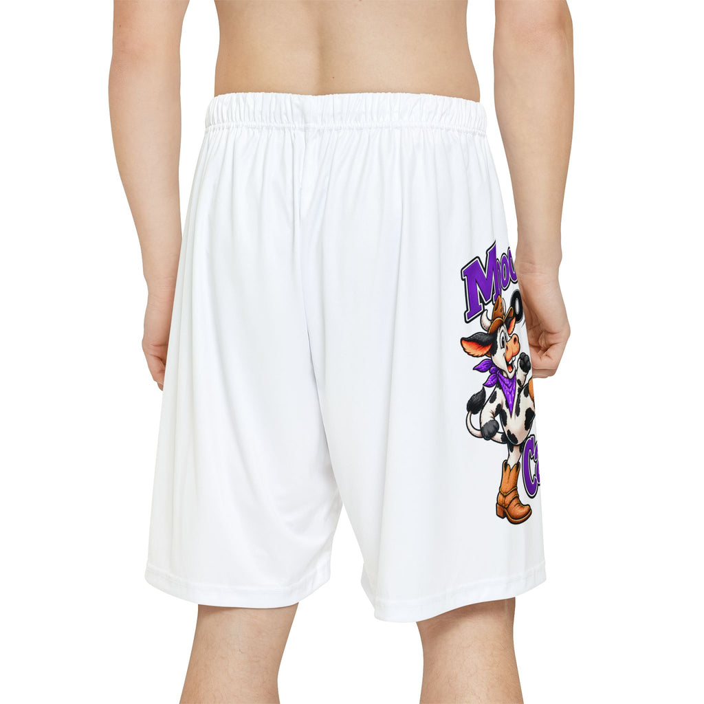 Rear side view of Moooove Over Cancer athletic shorts with colorful cow design