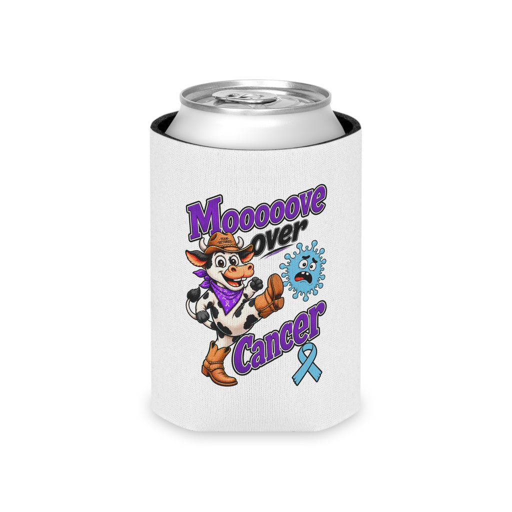 Moooove Over Cancer cow design on a can cooler holding a regular beverage can