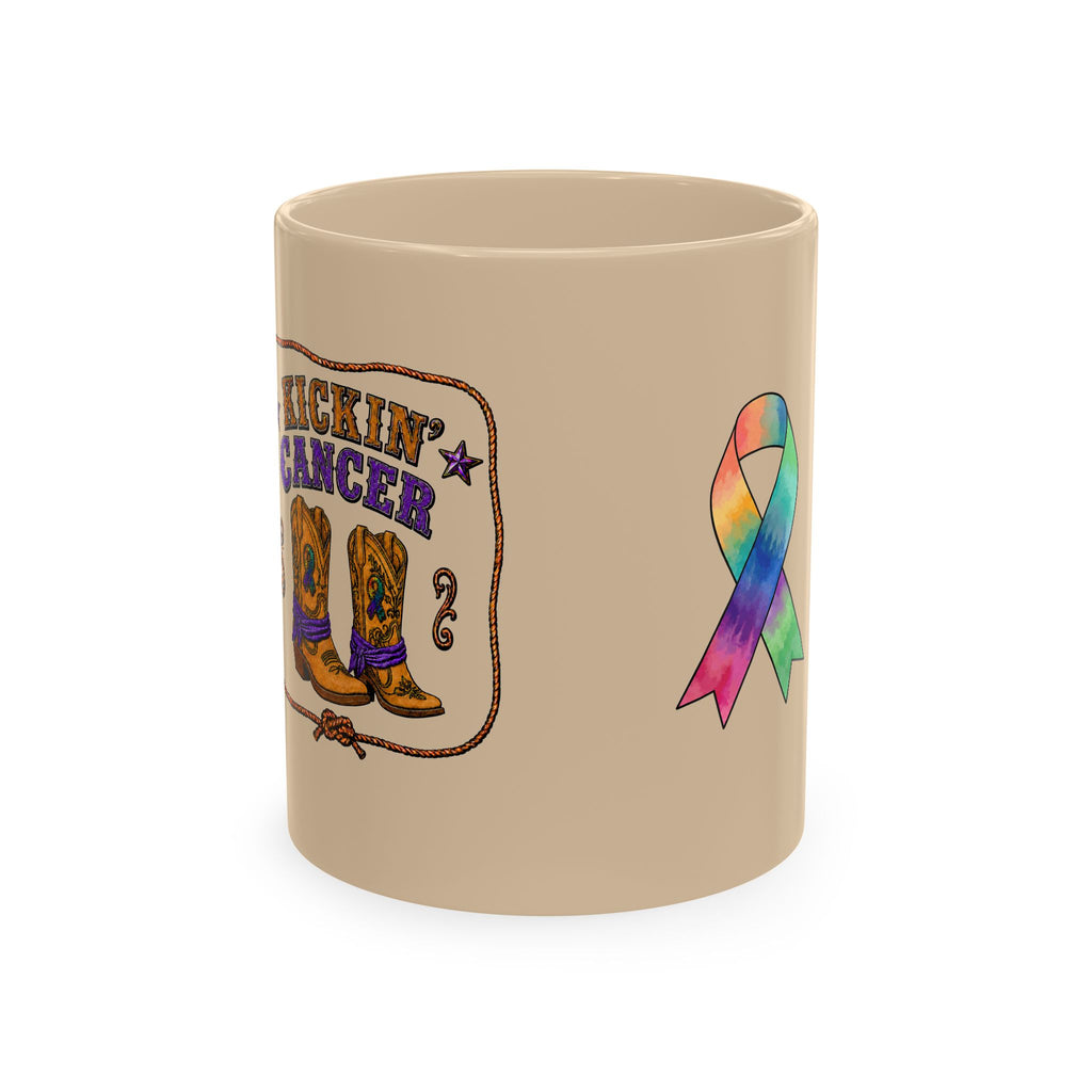 Almond Kickin' Cancer ceramic mug with western boot and awareness-ribbon artwork