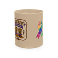 Almond Kickin' Cancer ceramic mug with western boot and awareness-ribbon artwork