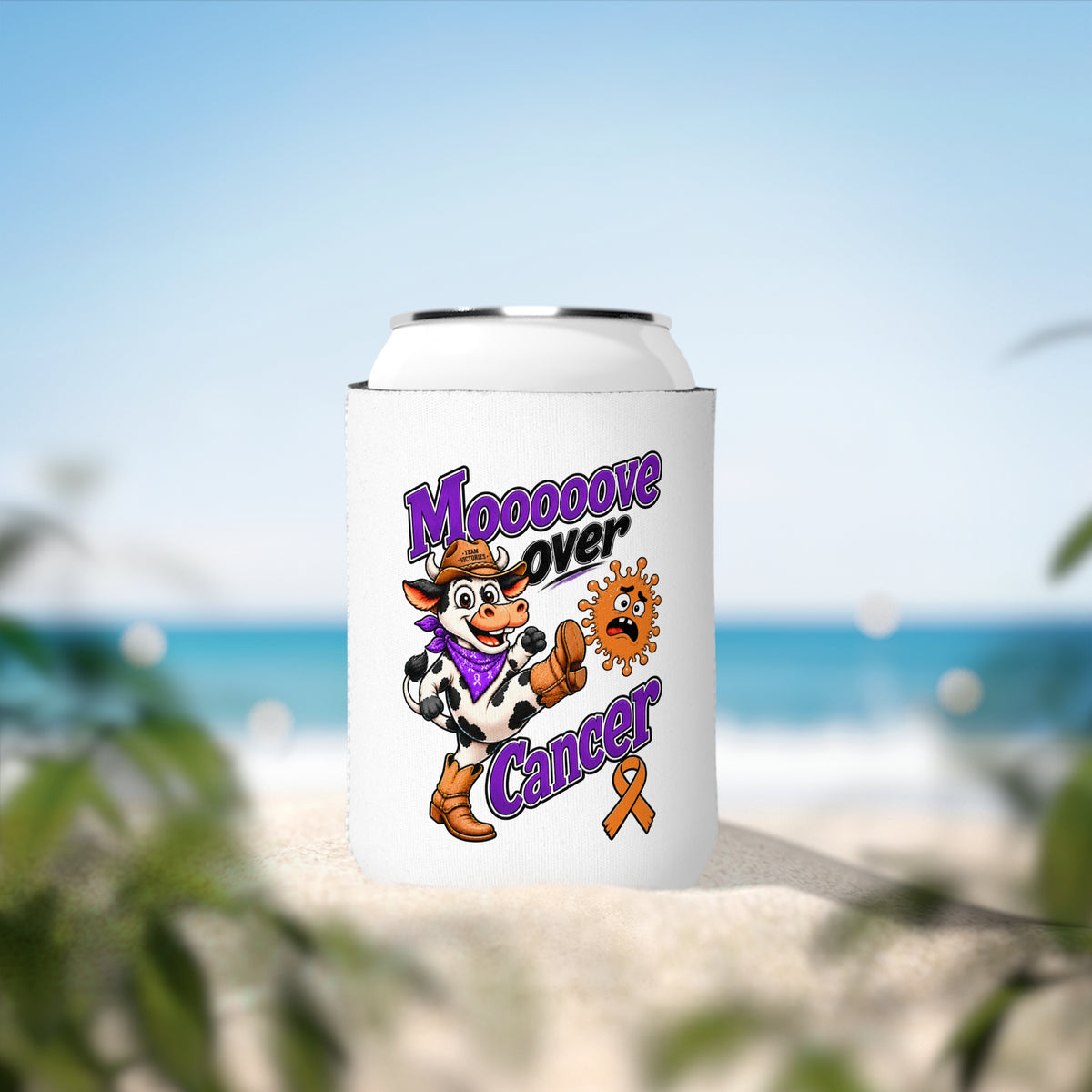Moooove Over Cancer can cooler at the beach with Leukemia/Kidney Cancer awareness ribbon