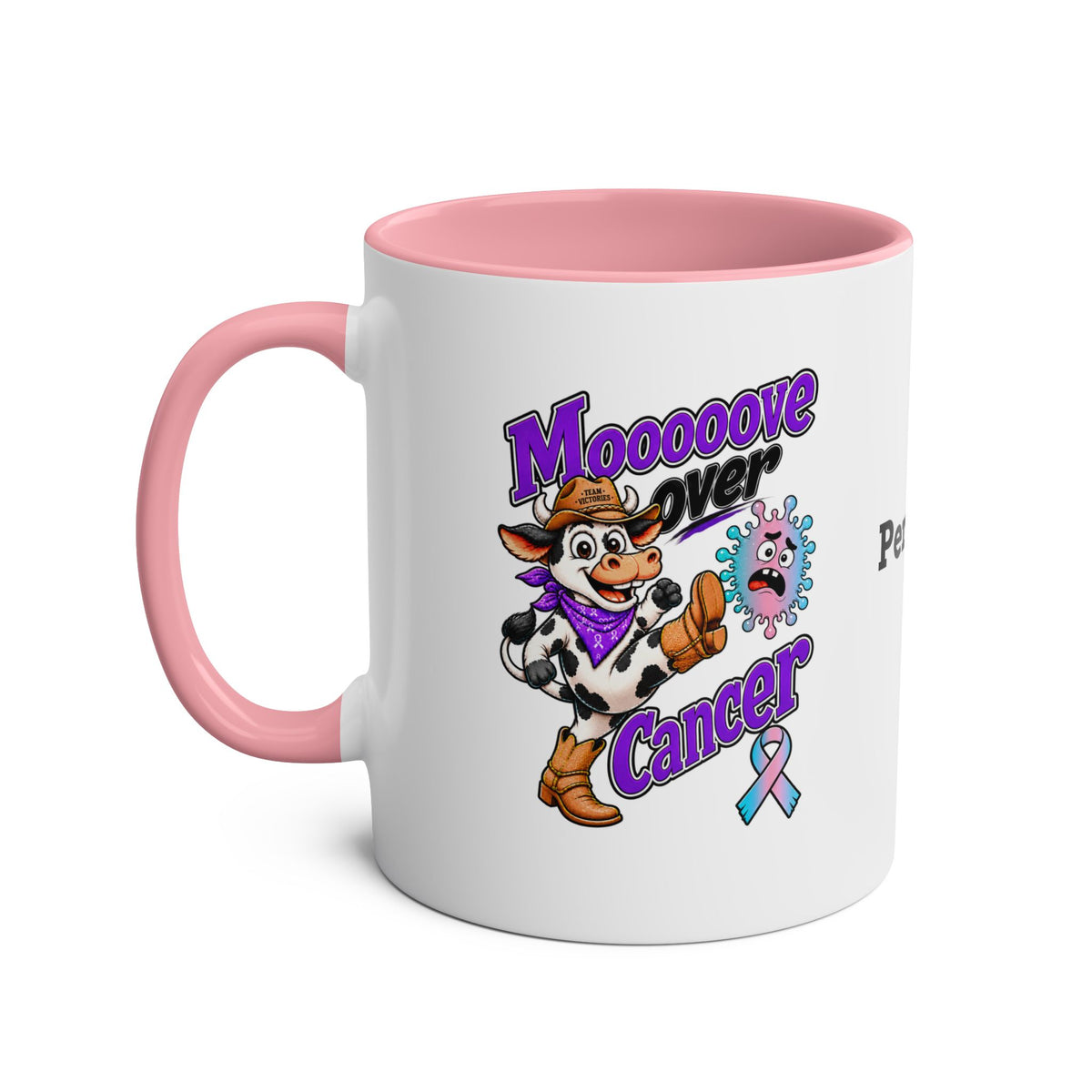 Pink Moooove Over Cancer two-tone mug with cancer-awareness ribbon artwork