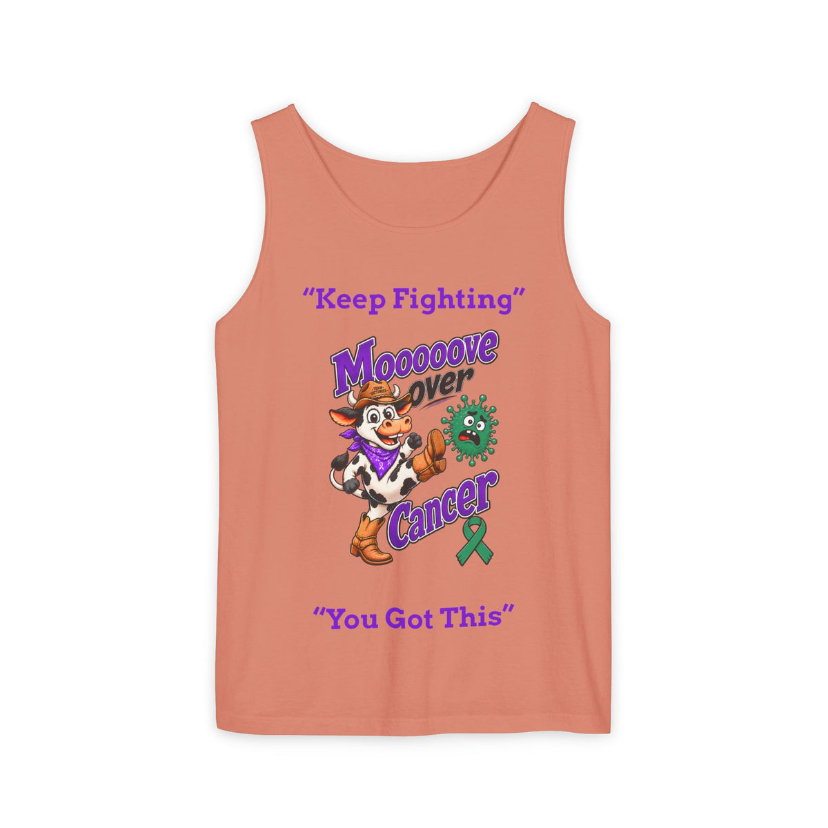 Coral Moooove Over Cancer tank top with cowgirl artwork and Liver Cancer awareness ribbon