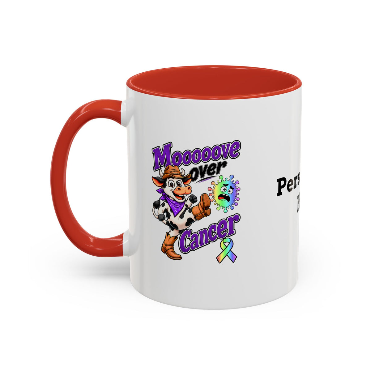 Team Victories all-cancer awareness ribbon on a mug with red accent handle