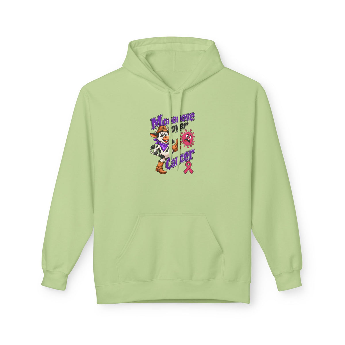 Light green Moooove Over Cancer hoodie with Breast Cancer awareness ribbon design