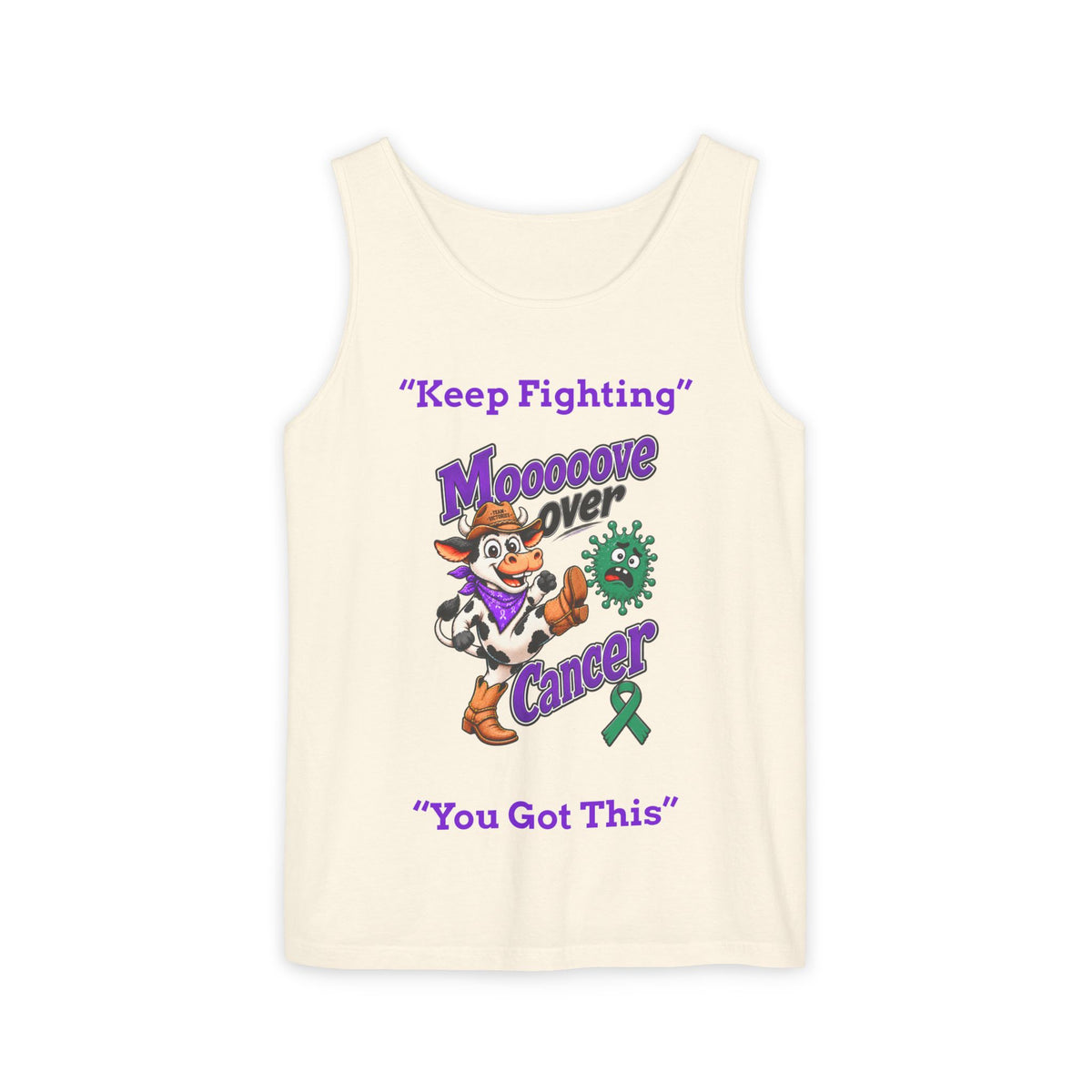 Cream Moooove Over Cancer tank top with You Got This message and Liver Cancer awareness ribbon