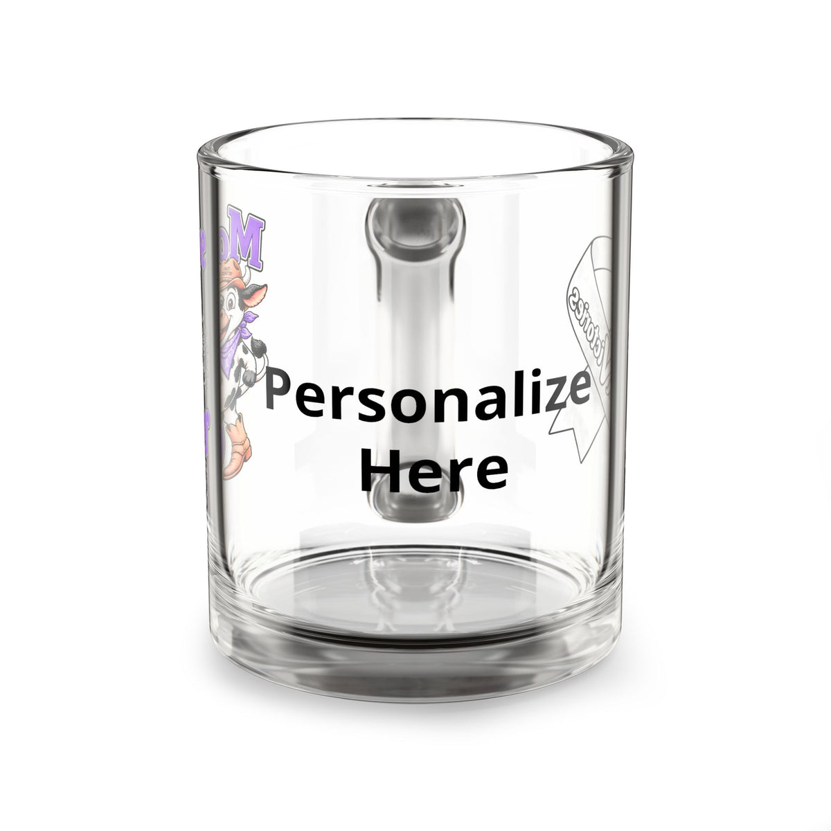 Clear Moooove Over Cancer glass mug showing the area for adding a personal name or custom text