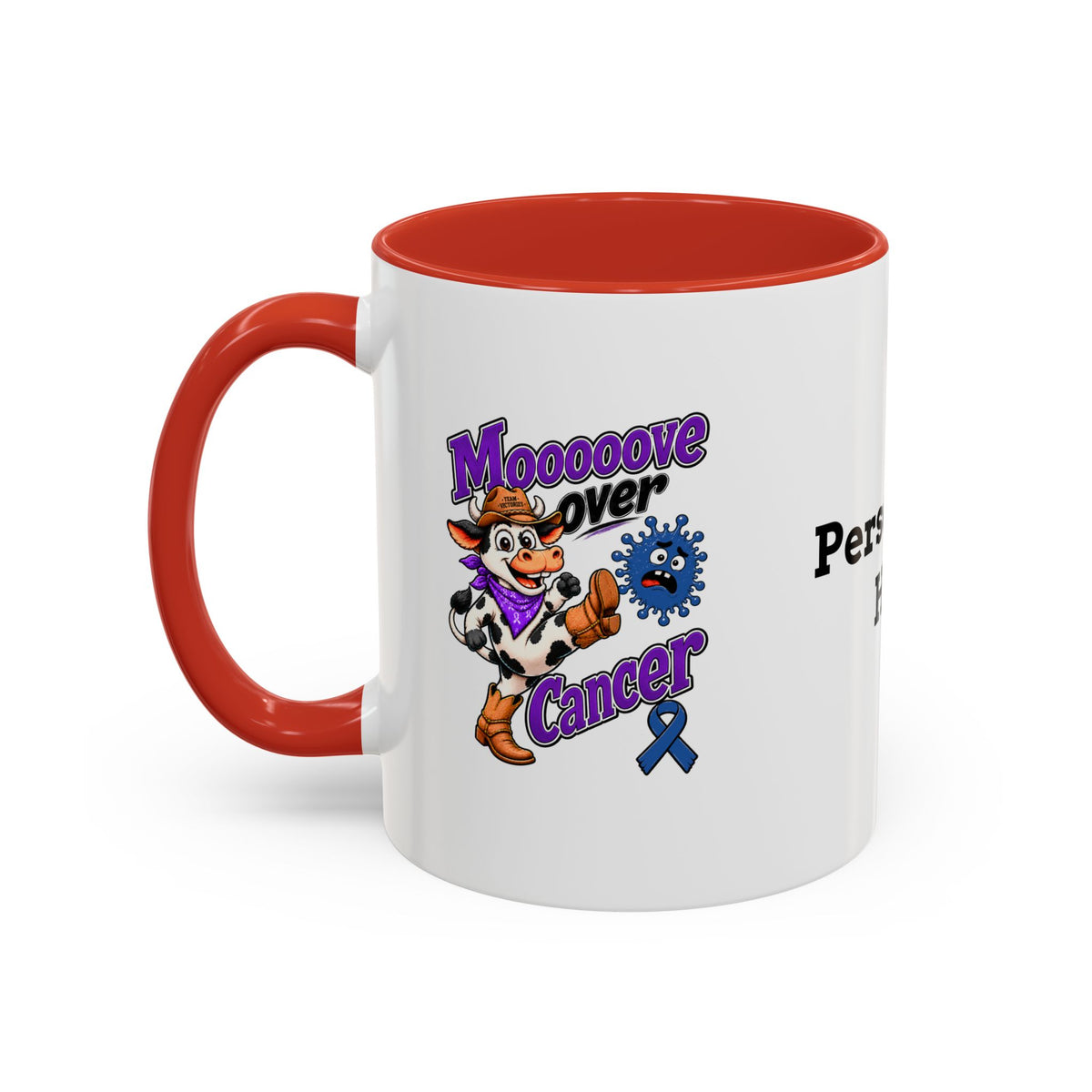 Moooove Over Cancer mug showing blue Colon Cancer awareness ribbon and red handle