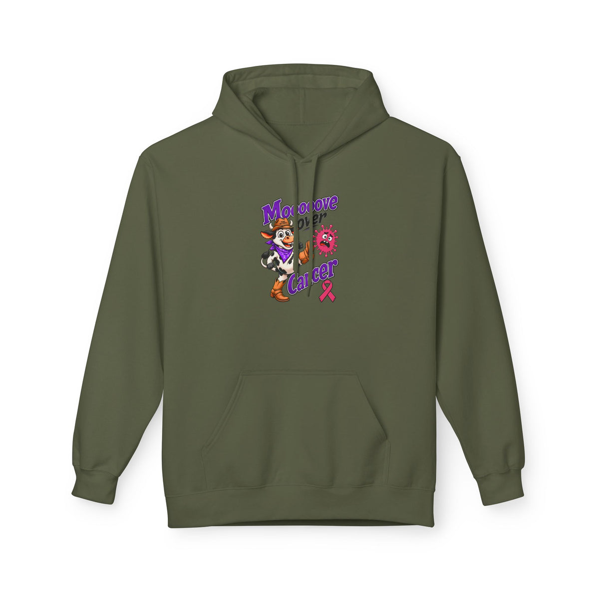 Olive Moooove Over Cancer hoodie featuring cow artwork and Breast Cancer awareness ribbon