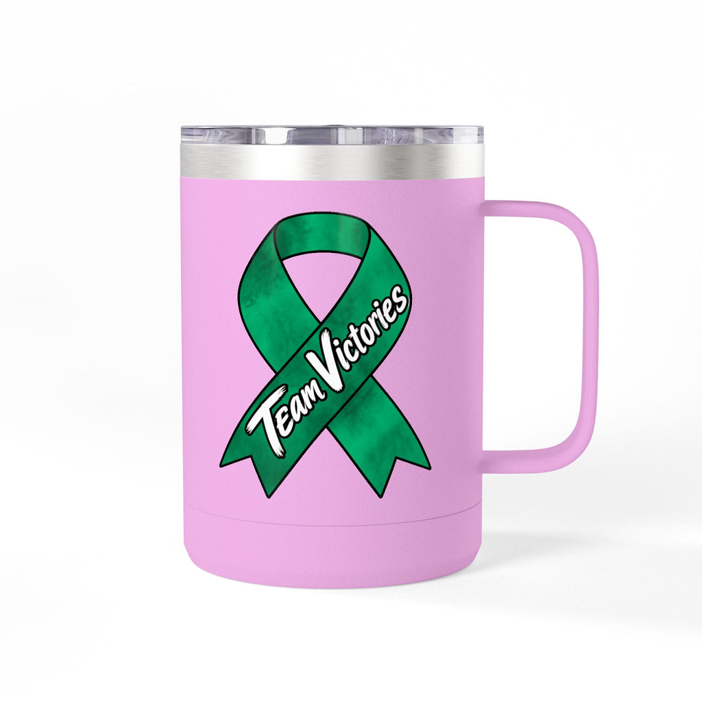 Pink Team Victories insulated mug with green Liver Cancer awareness ribbon