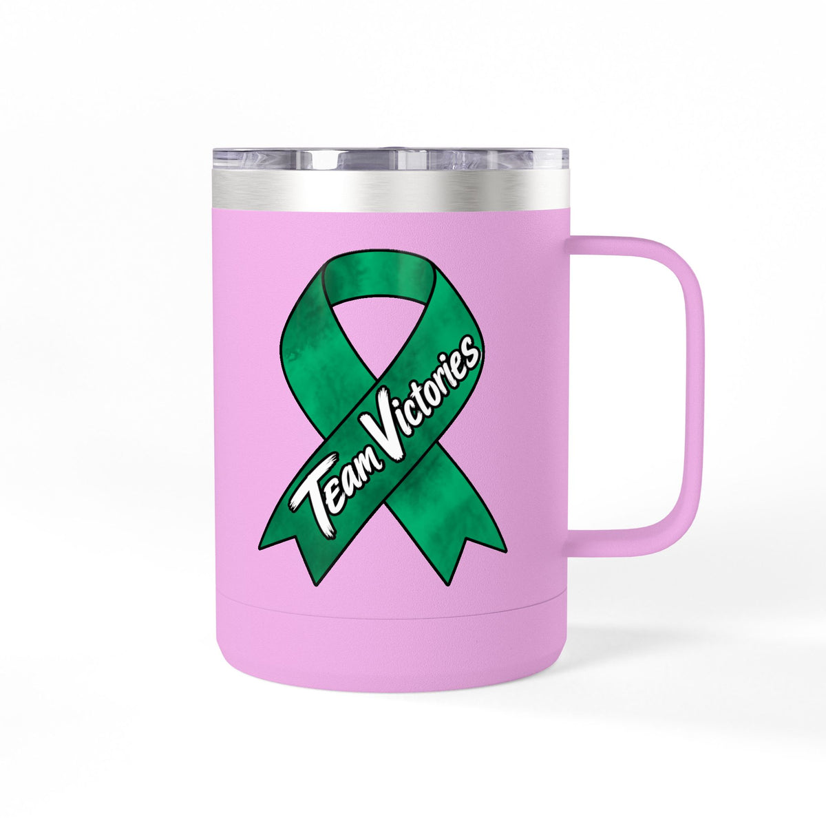 Pink Team Victories insulated mug with green Liver Cancer awareness ribbon