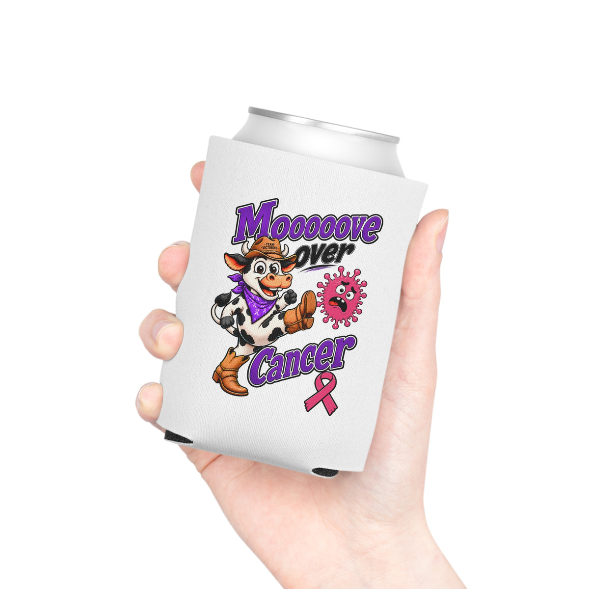 Hand holding the Moooove Over Cancer white can cooler