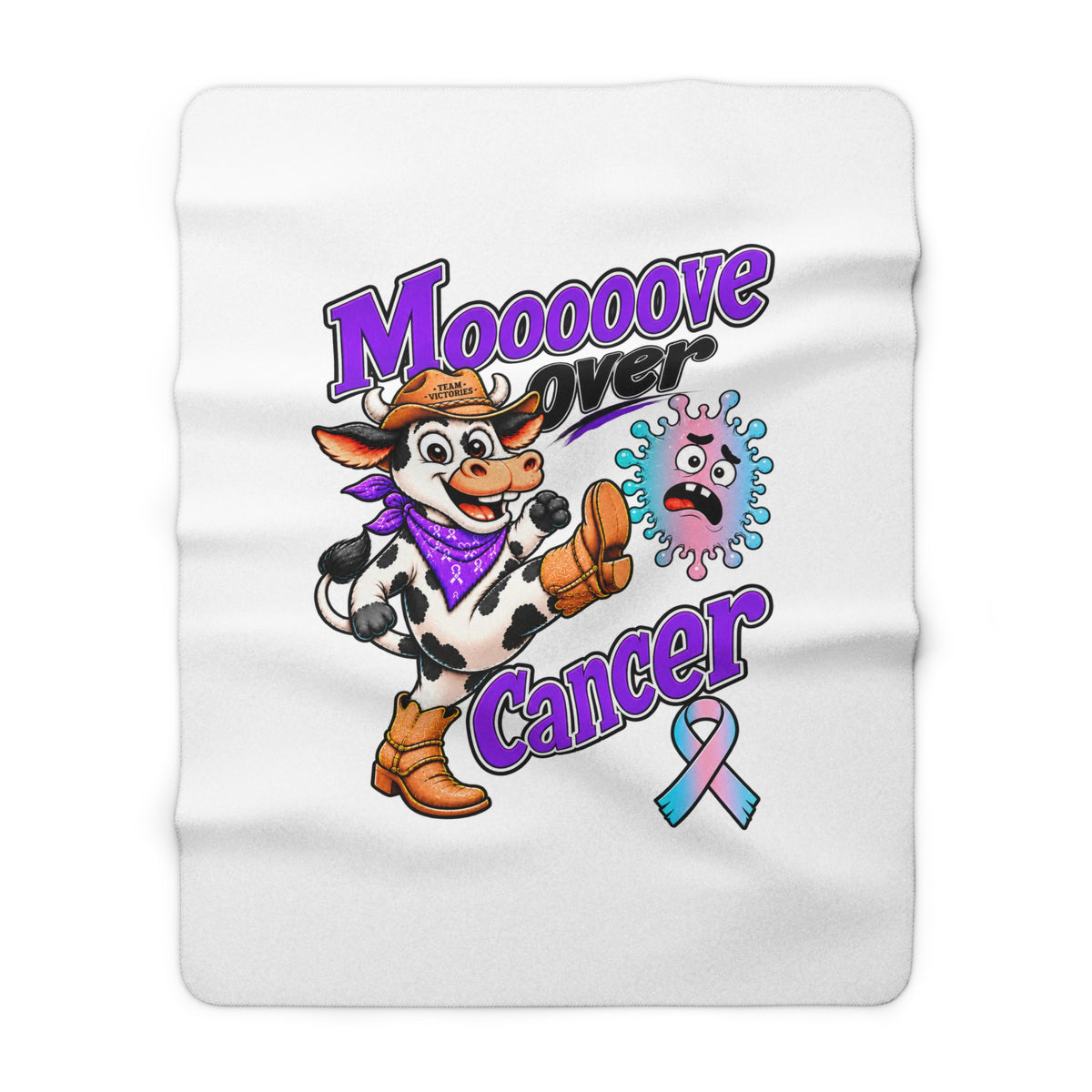Moooove Over Cancer cow design printed on a white sherpa blanket with Thyroid Cancer awareness ribbon