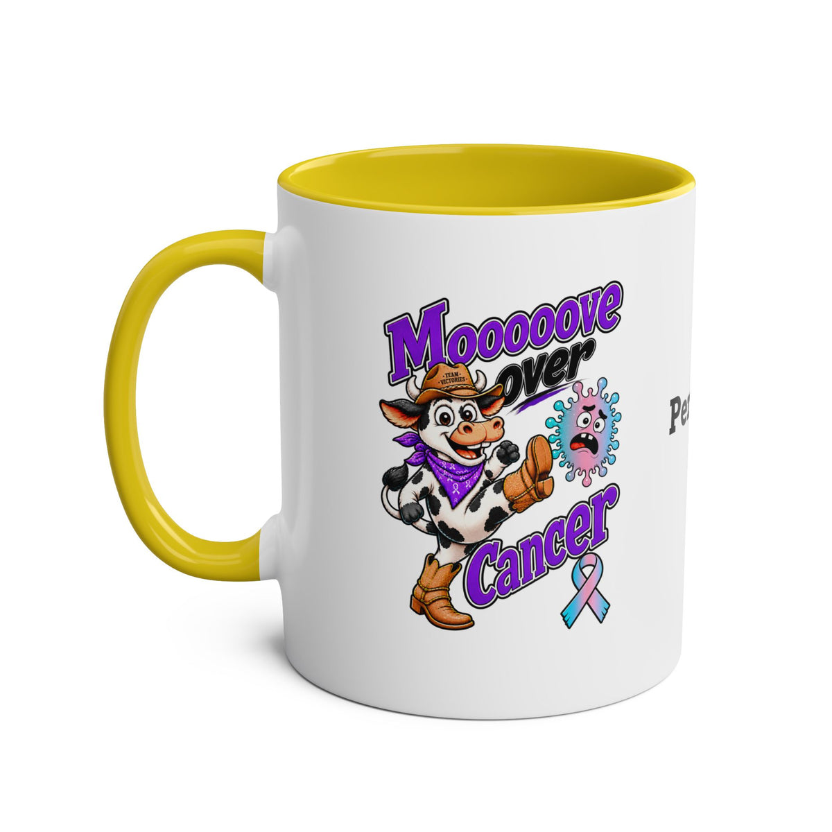 Yellow Moooove Over Cancer two-tone mug with cow and ribbon artwork