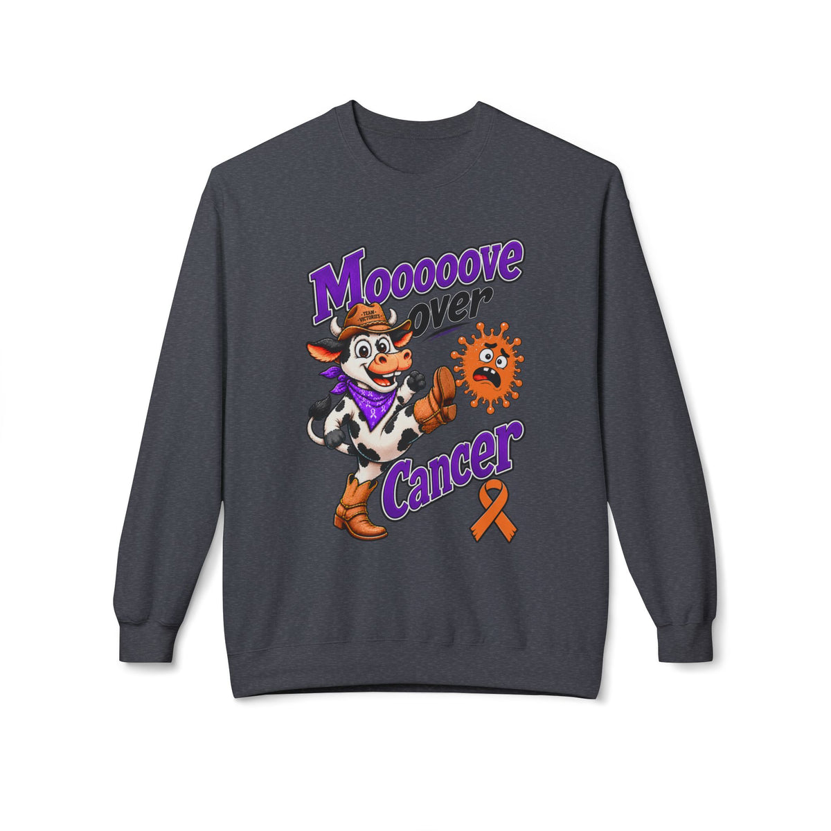 Gray Moooove Over Cancer sweatshirt featuring Leukemia/Kidney Cancer awareness ribbon
