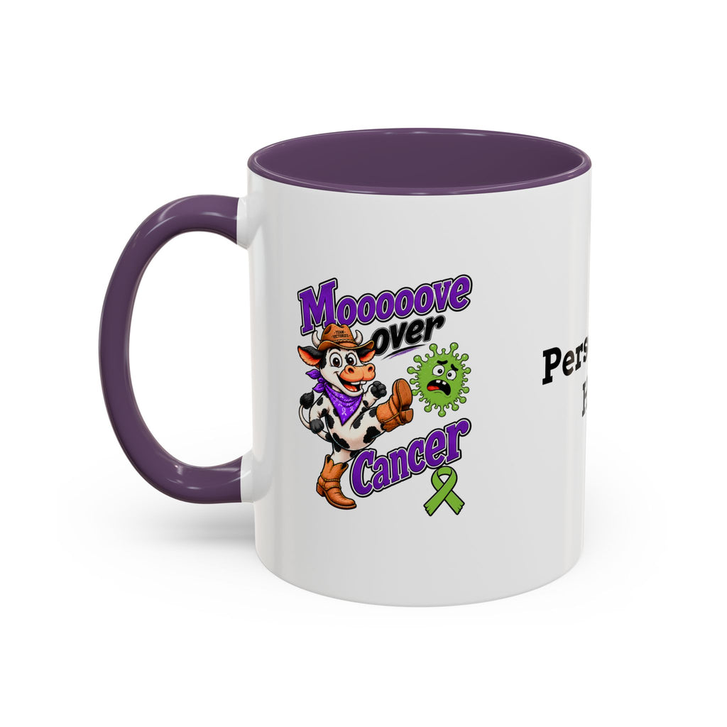 Moooove Over Cancer mug side view with purple accent and Non-Hodgkin/Lymphoma Cancer awareness ribbon