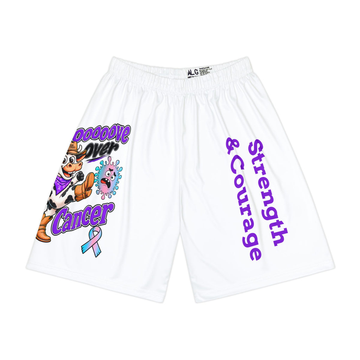 Moooove Over Cancer white sports shorts with colorful awareness ribbon and Strength & Courage artwork