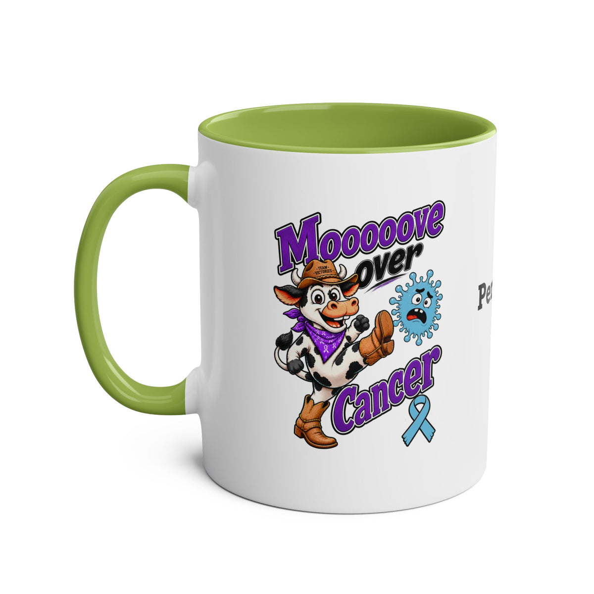 Moooove Over Cancer two-tone mug with green interior and handle