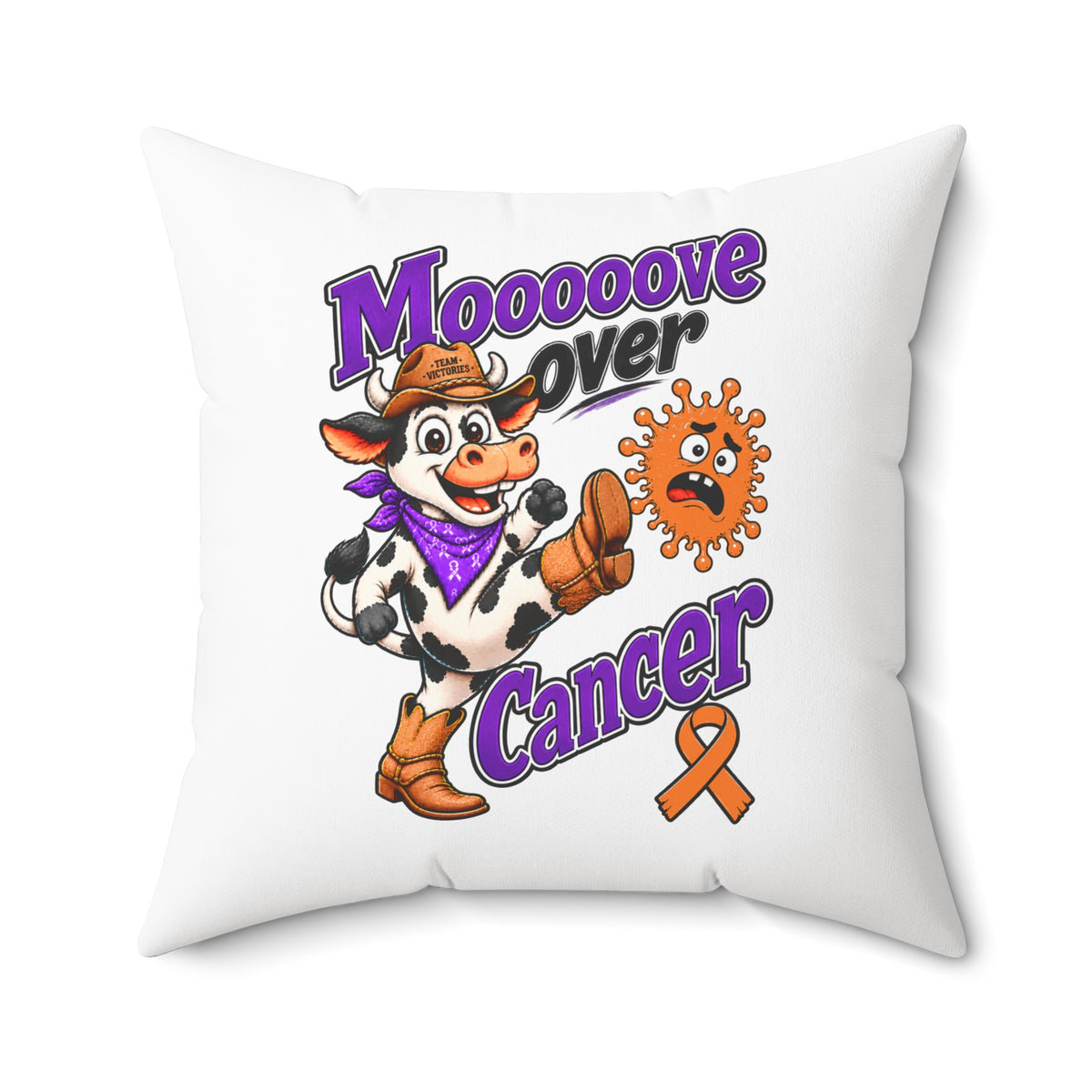 Detailed Moooove Over Cancer pillow artwork with cow, cancer symbol, and awareness ribbon