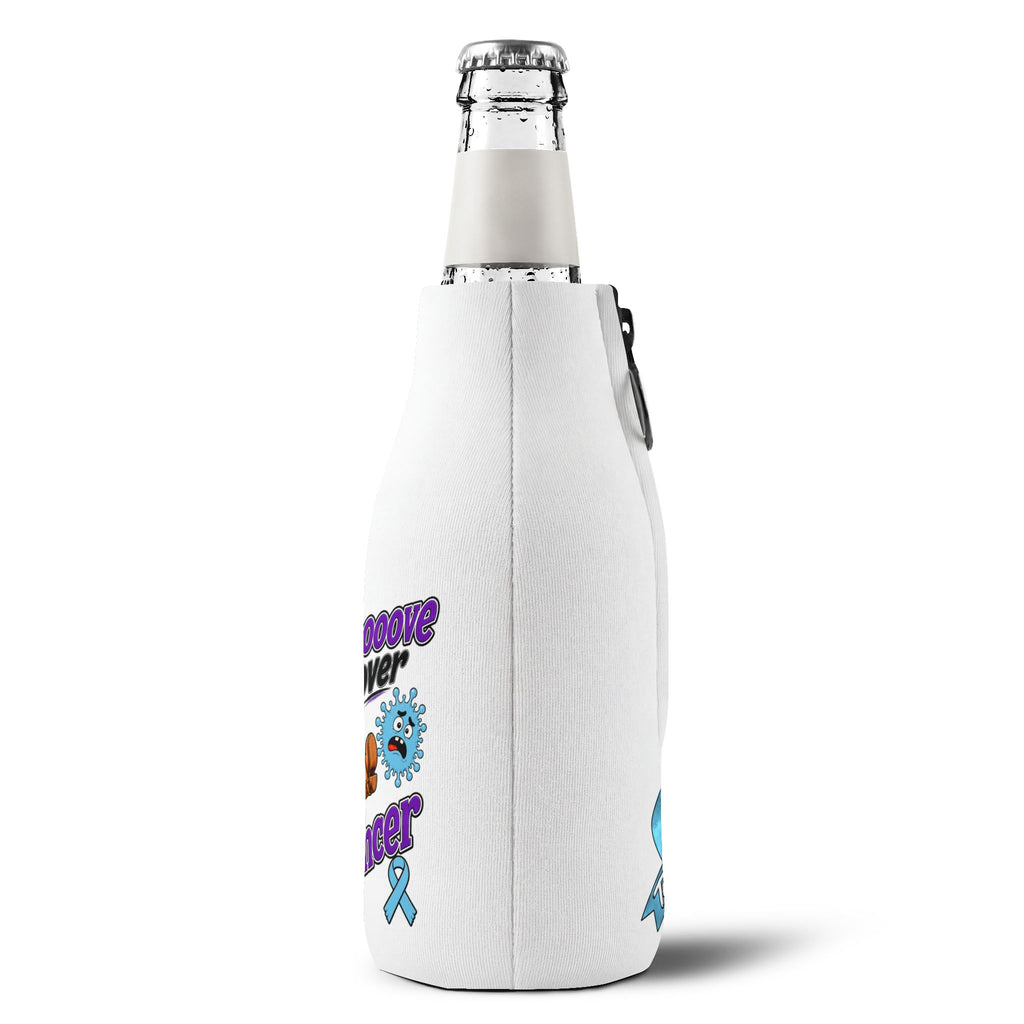 Side view of Moooove Over Cancer cooler sleeve showing edge-to-edge artwork and Prostate Cancer awareness ribbon
