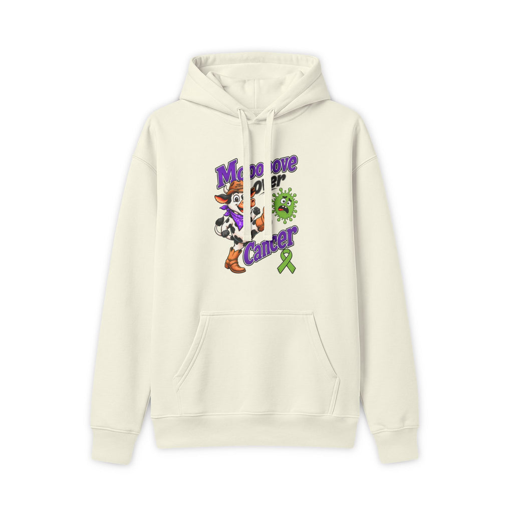 Moooove Over Cancer hoodie with Non-Hodgkin/Lymphoma Cancer awareness ribbon, ivory front view