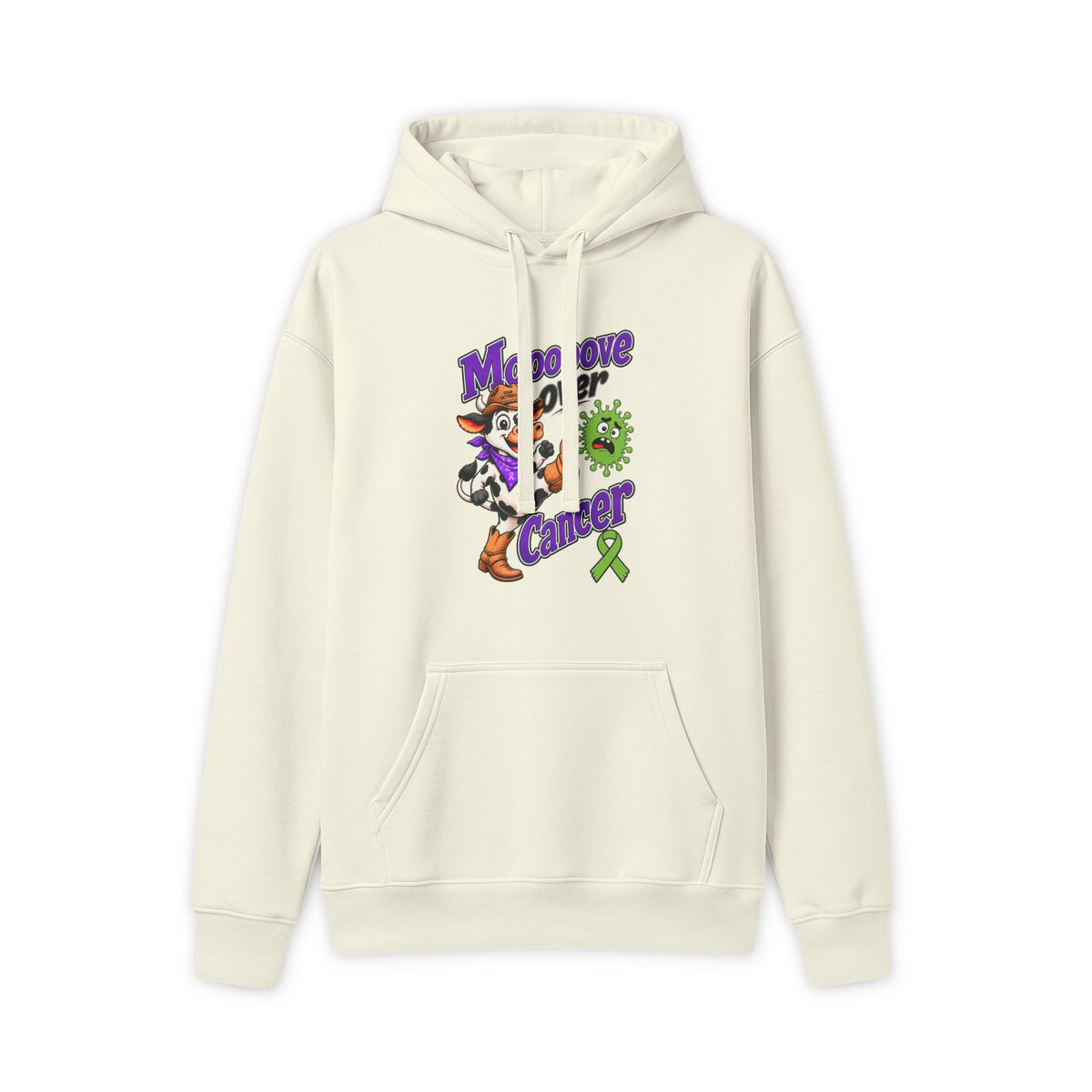 Moooove Over Cancer hoodie with Non-Hodgkin/Lymphoma Cancer awareness ribbon, ivory front view