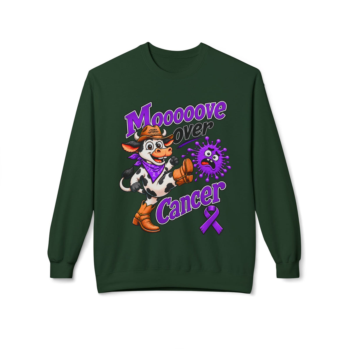 Tan Moooove Over Cancer crewneck sweatshirt with Pancreatic Cancer awareness ribbon