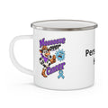 Moooove Over Cancer enamel camping mug with a blue Prostate Cancer awareness ribbon