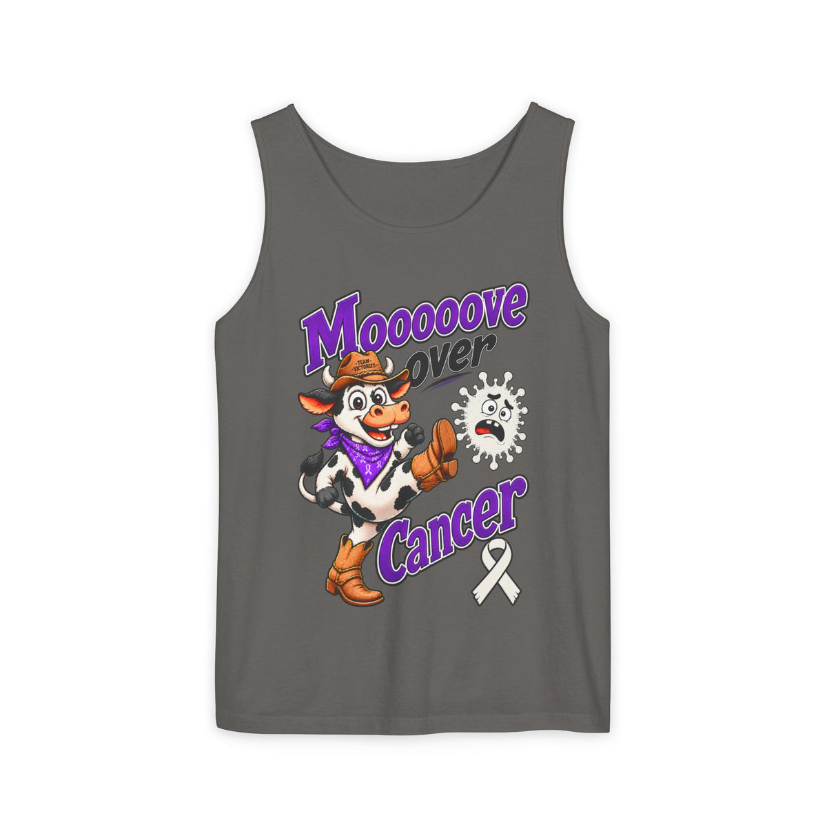 Moooove Over Cancer tank top with cow design and Lung Cancer awareness ribbon in charcoal