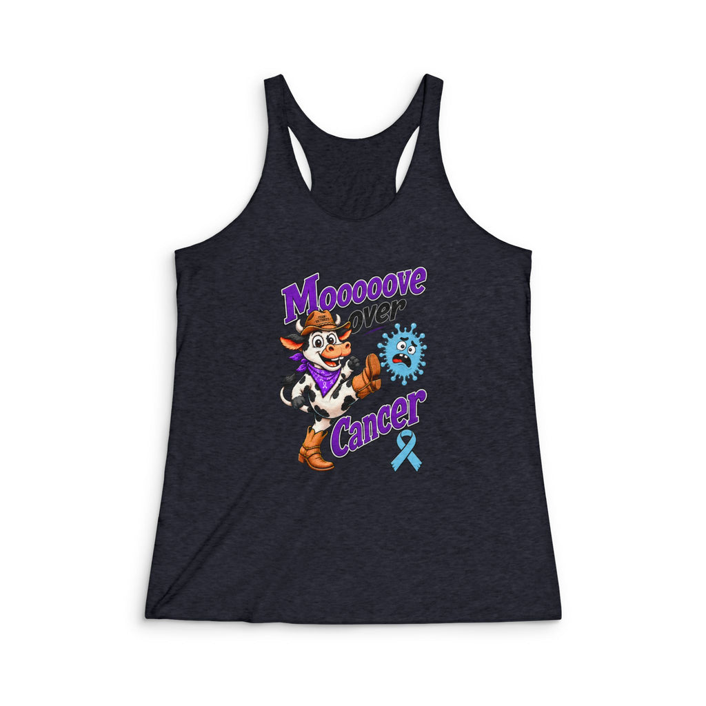 Charcoal Moooove Over Cancer racerback tank with a blue Prostate Cancer awareness ribbon