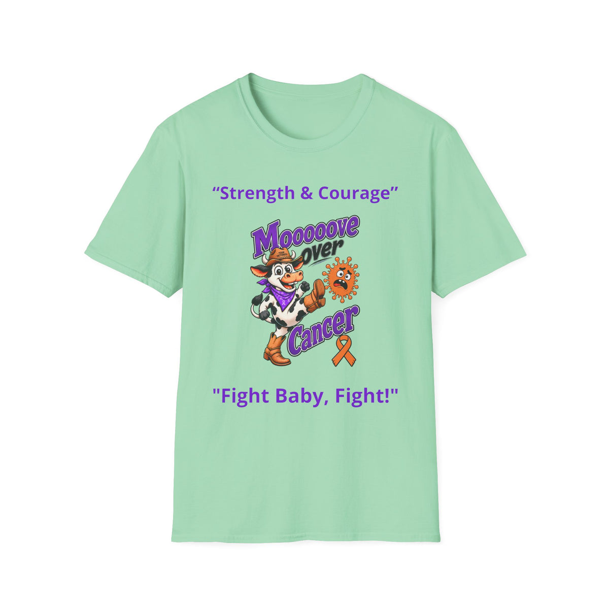 Mint Moooove Over Cancer T-shirt with Western character artwork and Leukemia/Kidney Cancer awareness ribbon