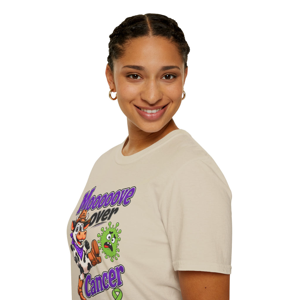 Side view of beige Moooove Over Cancer T-shirt with cowgirl graphic