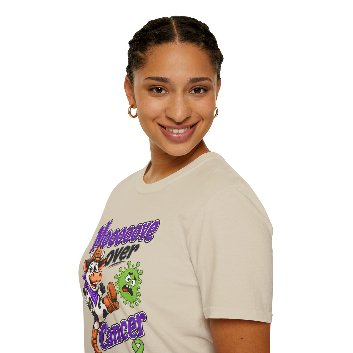 Side view of beige Moooove Over Cancer T-shirt with cowgirl graphic