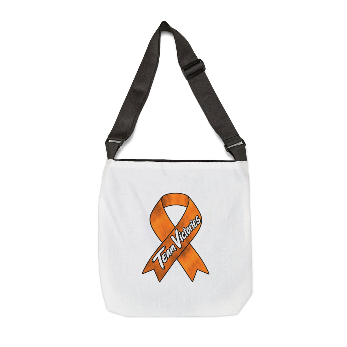 Team Victories orange ribbon design displayed on a white tote