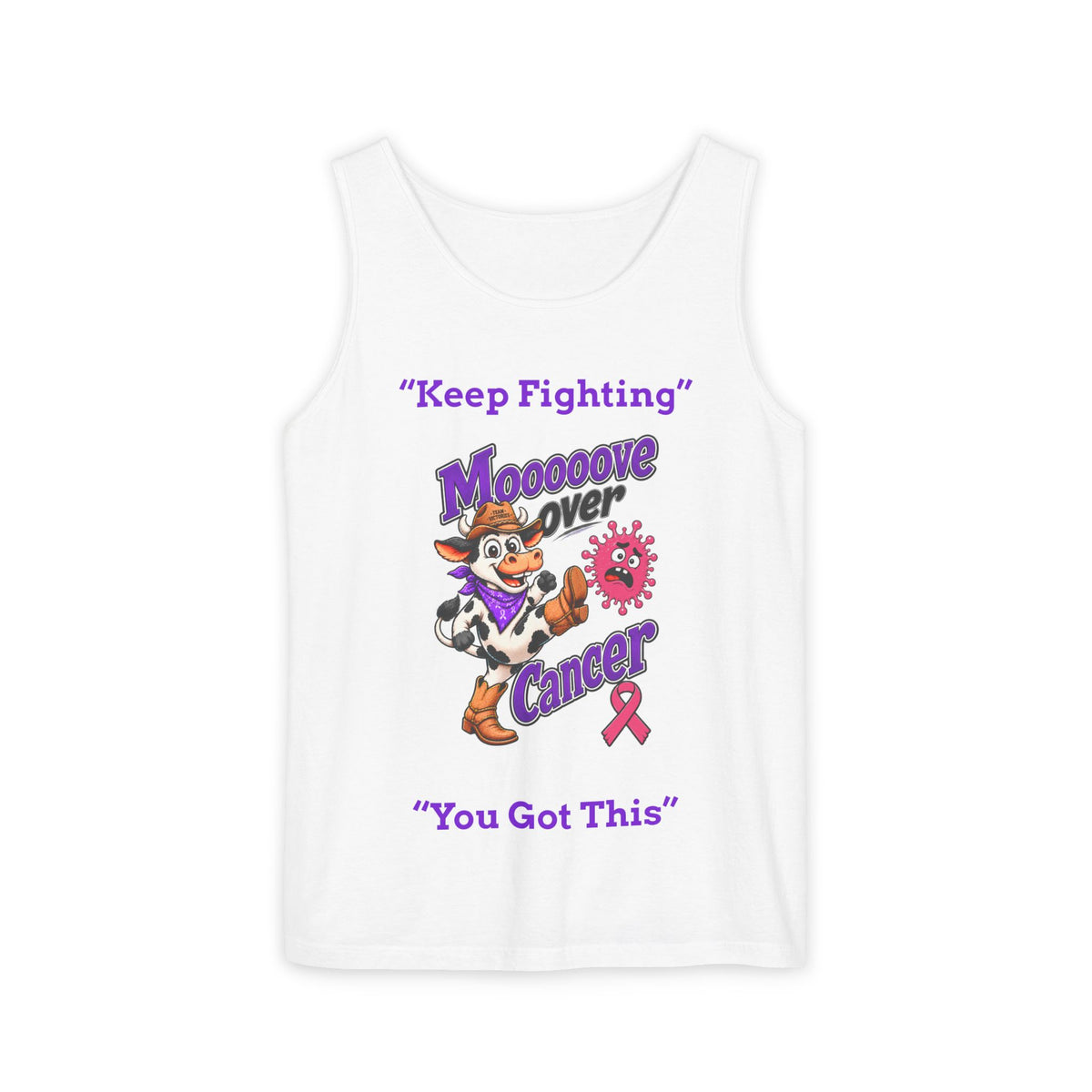 White Moooove Over Cancer tank top with Keep Fighting message and Breast Cancer awareness ribbon