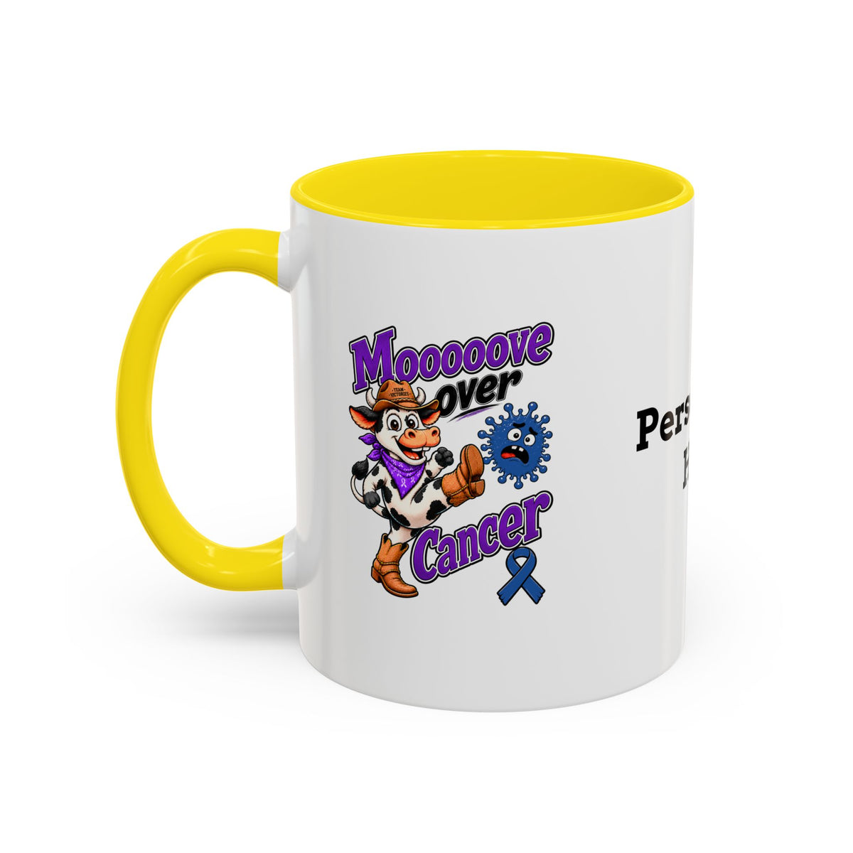 Moooove Over Cancer mug showing blue Colon Cancer awareness ribbon and yellow handle