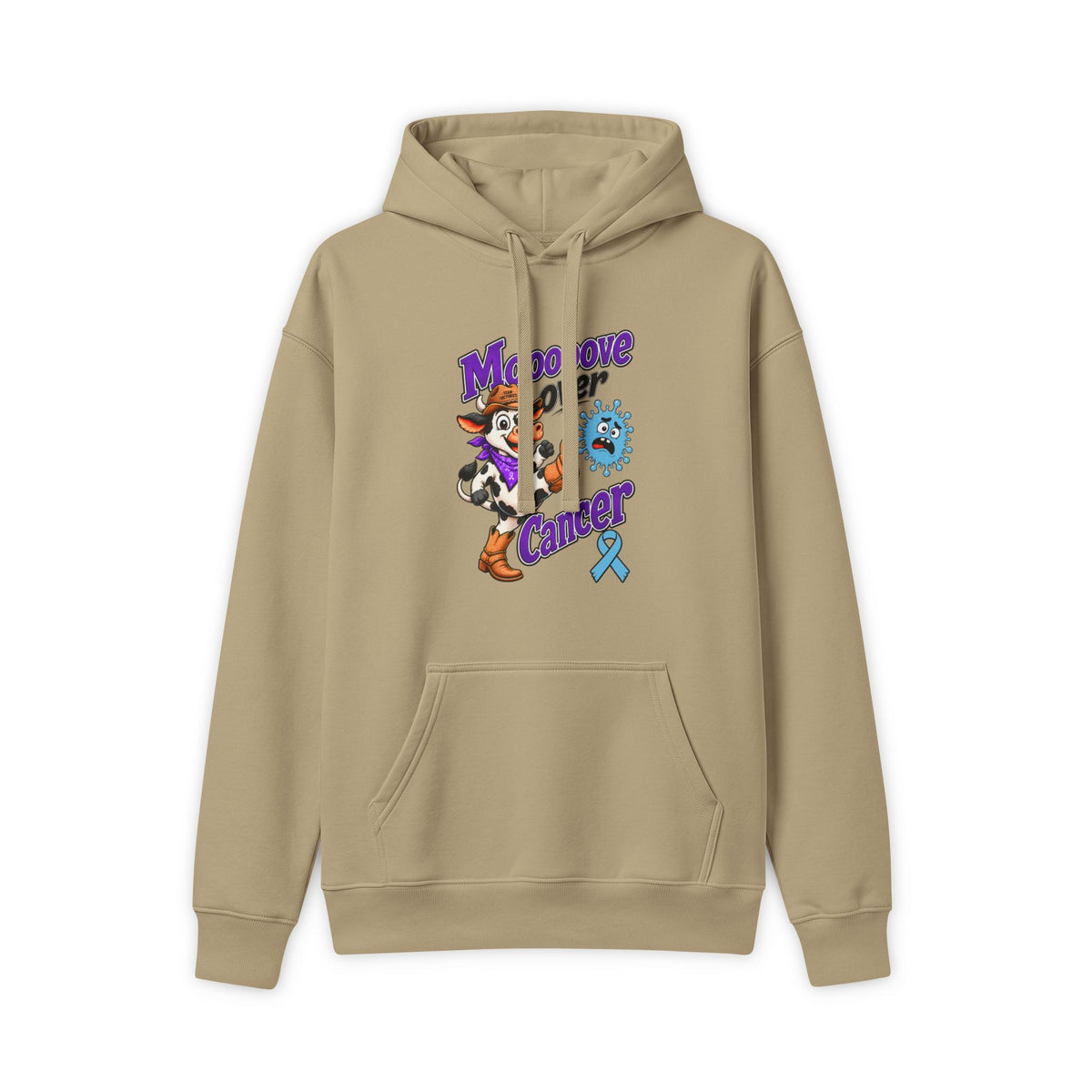 Tan Moooove Over Cancer hoodie with Prostate Cancer awareness ribbon chest design
