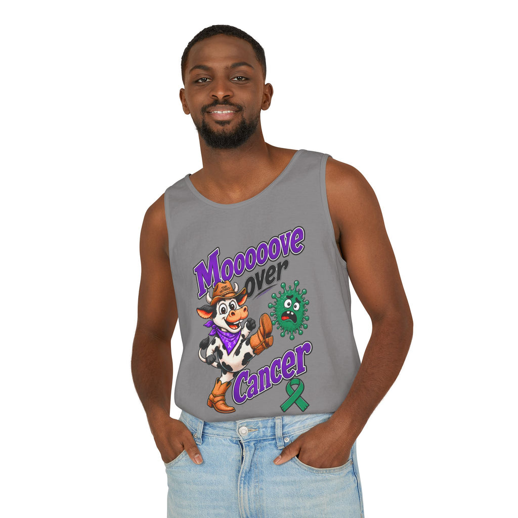 Woman modeling gray Moooove Over Cancer tank top with cow graphic and Liver Cancer awareness ribbon