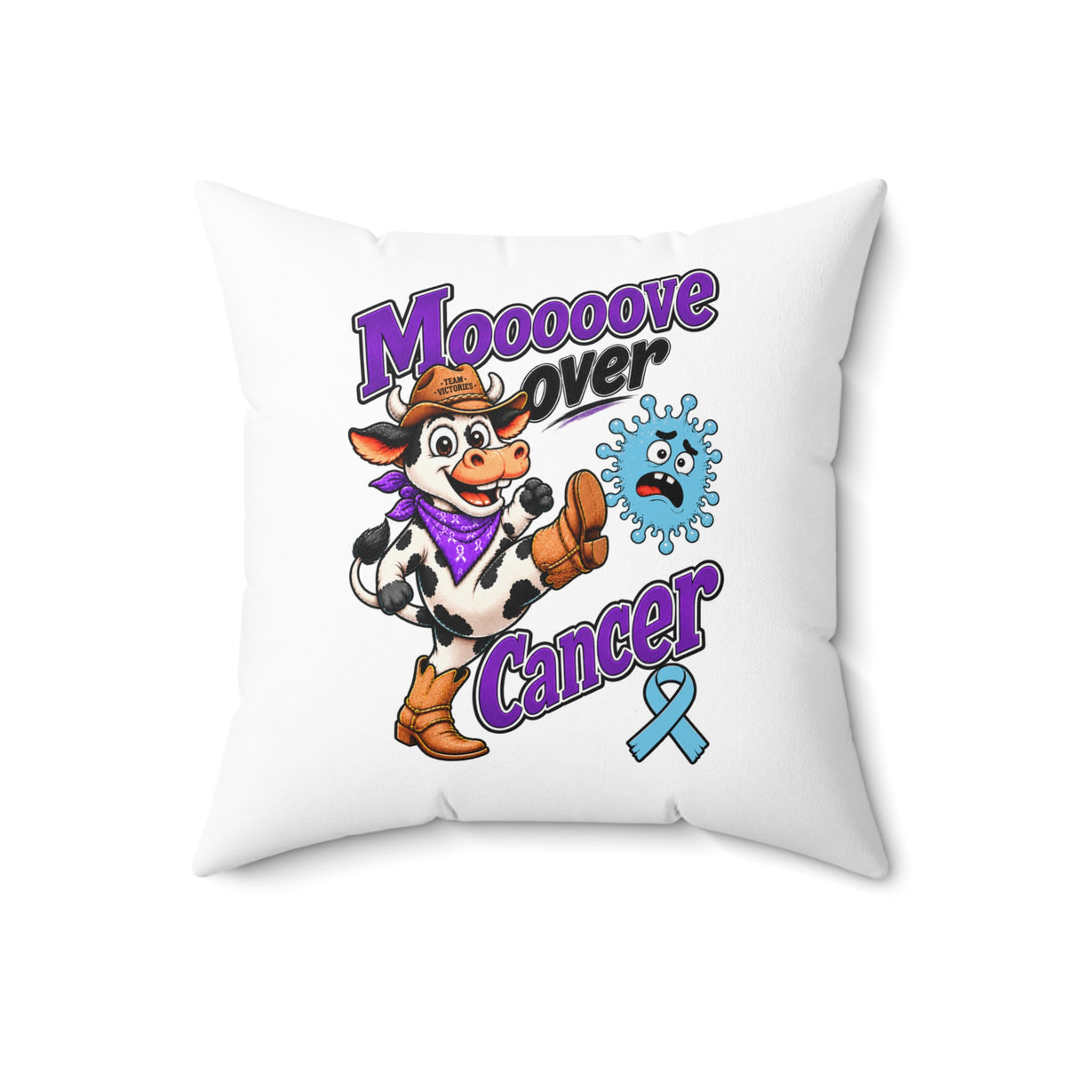 Moooove Over Cancer pillow showing colorful cow artwork and Prostate Cancer awareness ribbon