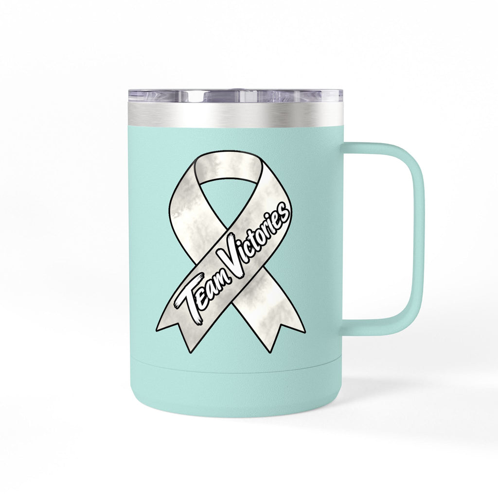 Light blue Team Victories insulated mug with a Lung Cancer awareness ribbon