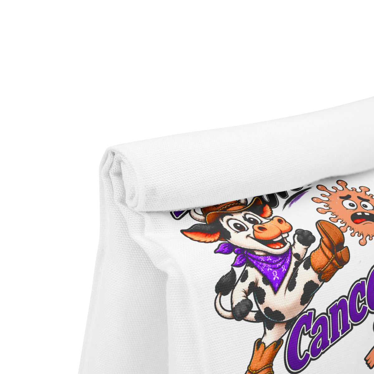 Close-up of the magnetic flap and Moooove Over Cancer lunch bag artwork