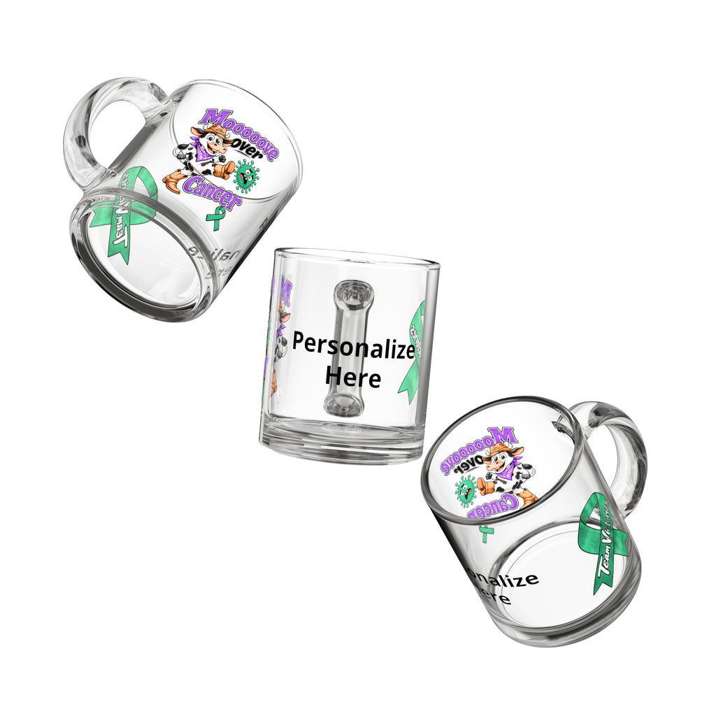 Moooove Over Cancer personalized glass mug shown from multiple angles