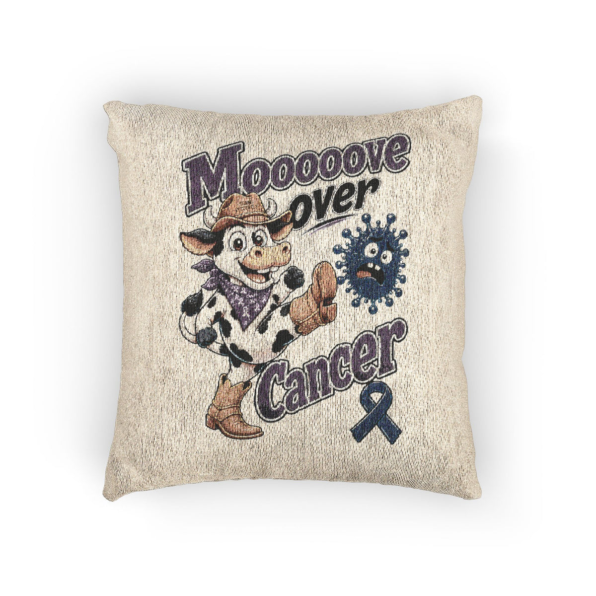 Moooove Over Cancer woven cushion with cow character and blue ribbon, front view