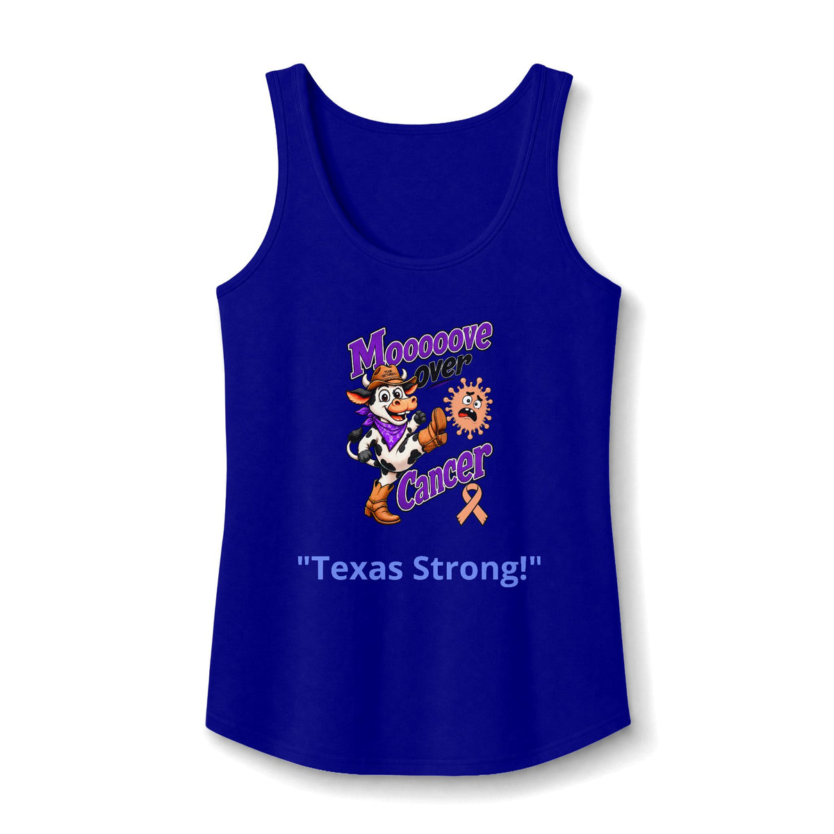 Moooove Over Cancer Texas Strong tank top with peach Uterine Cancer awareness ribbon in deep blue