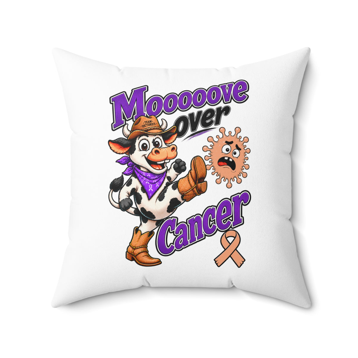 Moooove Over Cancer pillow with cow, cancer message, and Uterine Cancer awareness ribbon