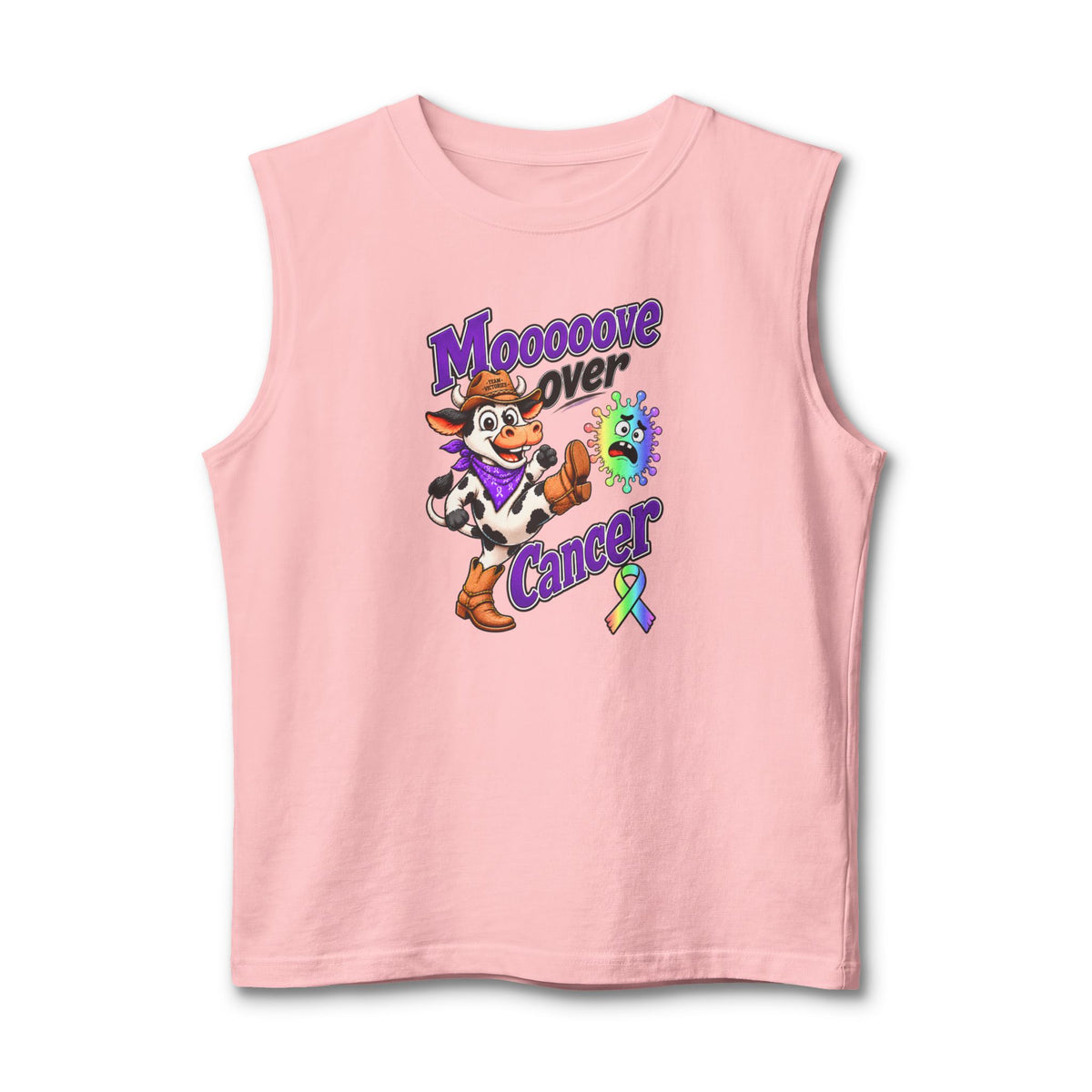 Pink Moooove Over Cancer tank top with colorful cowgirl artwork and all-cancer awareness ribbon