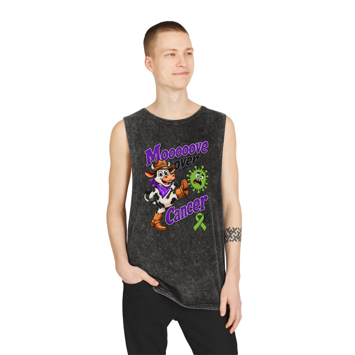Model wearing the black Moooove Over Cancer tank top with cowgirl awareness artwork