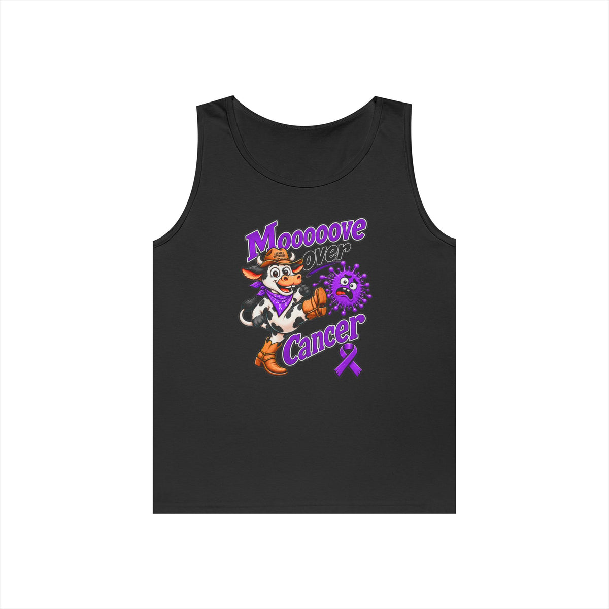 Moooove Over Cancer black tank top with Pancreatic Cancer awareness ribbon artwork